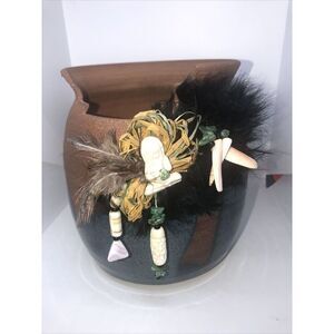 Western Clay Pottery Decorated With Feather, Sea Shells&rocks Stone 6x5”